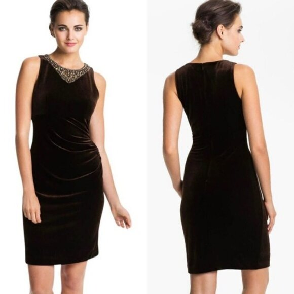 Eliza J. Brown Velvet Rhinestone / Gem Embellished Ruched Sheath Dress Size 8 - Picture 3 of 13